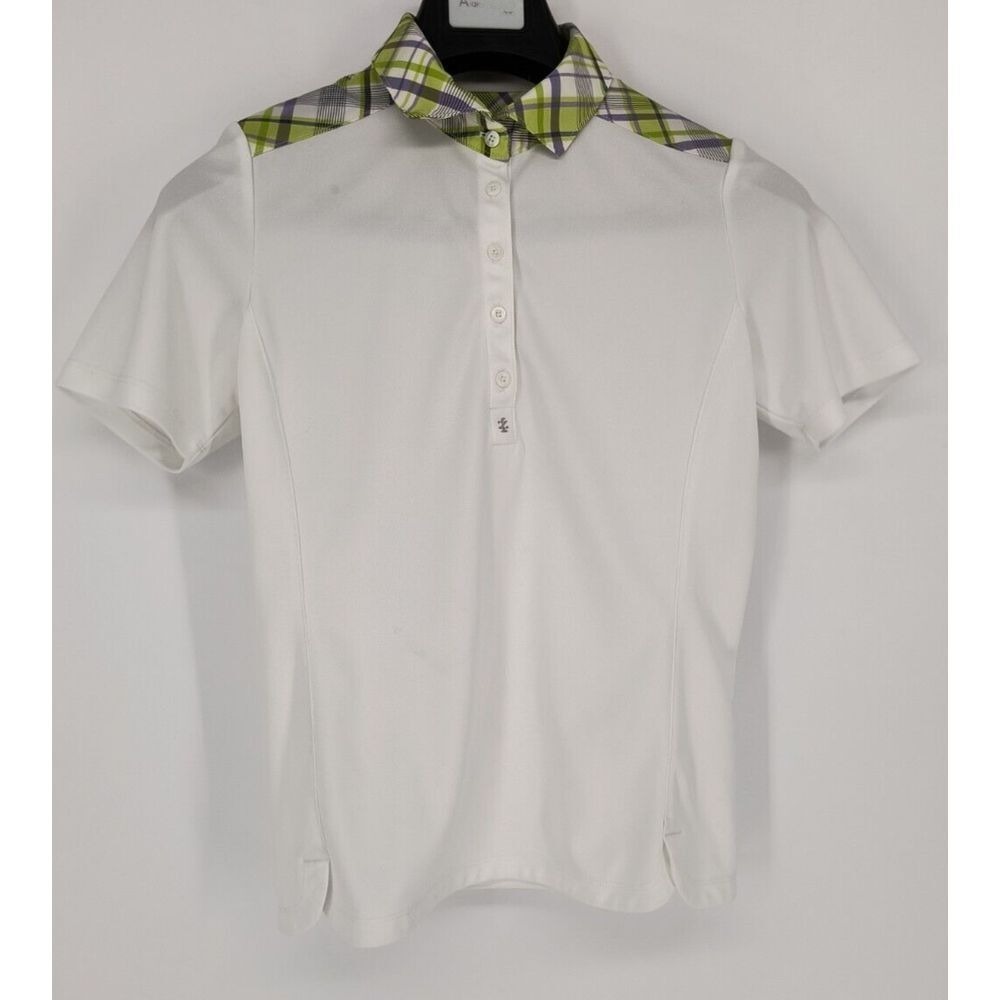 Izod Golf Polo Women's Size Small White‎ with Green/Purple Plaid Collar S/S